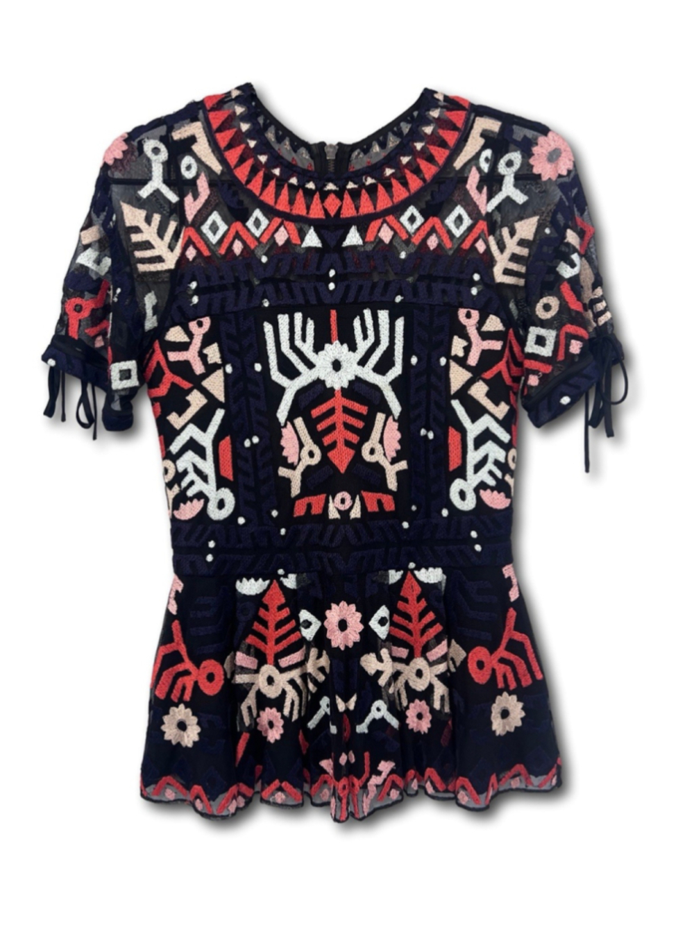 Parker New York Ellie Embroidered Peplum Top Navy Mesh Sheer Tribal Size XS-S
